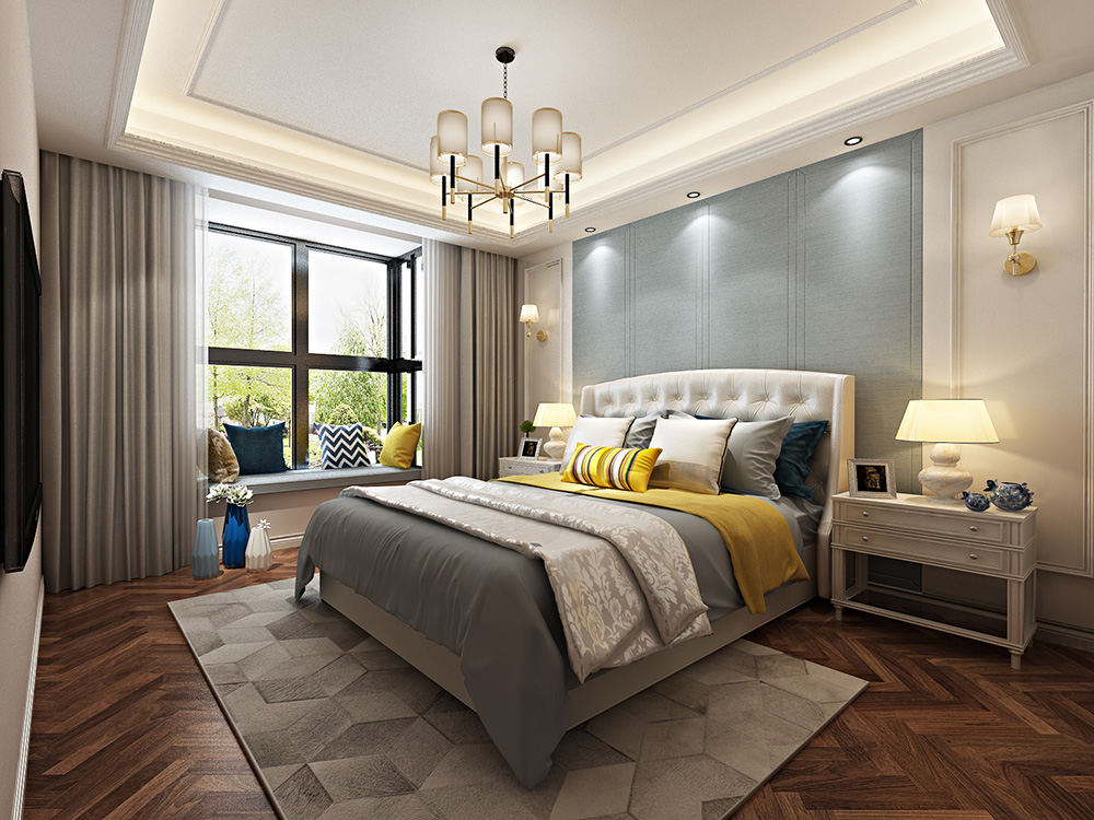 美式轻奢风格室内装修设计效果图-恒大滨江左岸四居133平米-室内卧室装修设计 美式轻奢风格室内装修设计效果图-恒大滨江左岸四居133平米-室内卧室装修设计